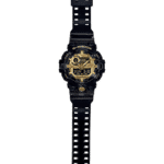 G-SHOCK rugged watch with gold accents, multifunctional digital display, and stylish black resin strap.