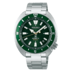 Stylish Seiko automatic wristwatch with green dial, stainless steel bracelet, and dive-ready features.