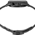 Sleek black wristwatch with interlocking bracelet and ergonomic buttons for style and functionality.