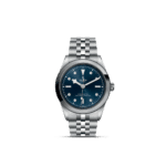 Tudor watch with blue dial, diamond markers, stainless steel case, and elegant design.