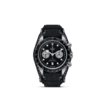 Elegant Tudor watch with black dial, chronograph features, and stylish leather strap.