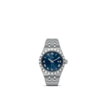 Elegant Tudor wristwatch with blue dial, stainless steel case, and Roman numeral markers.