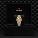 Luxurious Tudor watch in two-tone stainless steel and gold, elegantly presented in a black box.