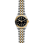 Luxurious Tudor watch featuring a black dial, gold accents, and a sophisticated two-tone bracelet.