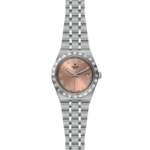 Elegant Tudor watch with rose gold dial, stainless steel case, and Roman numeral accents.