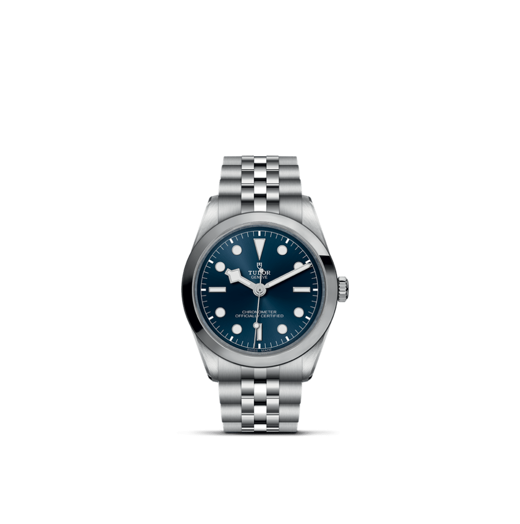Elegant Tudor watch with a blue dial and stainless steel bracelet, showcasing luxury and precision.
