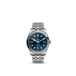 Elegant Tudor watch with a blue dial and stainless steel bracelet, showcasing luxury and precision.