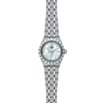 Luxurious Tudor watch with mother-of-pearl dial and diamond markers, showcasing elegance and functionality.