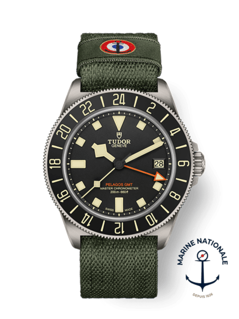 Stylish Tudor Pelagos GMT watch with black titanium case and green textile strap.