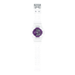 Durable G-Shock watch with a white strap and vibrant purple dial, ideal for outdoor adventures.