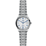 Elegant Tudor watch with stainless steel case, white dial, blue markers, and automatic movement.