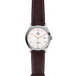 Elegant Tudor wristwatch with stainless steel case, white dial, and brown leather strap.