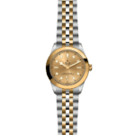 Tudor gold and silver watch with champagne dial, minimalist design, and elegant two-tone bracelet.