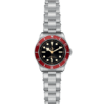 Tudor diving watch featuring a striking red bezel, black dial, and stainless steel bracelet.