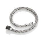 Intricately woven silver bracelet with black stone clasp, perfect for stylish everyday wear.