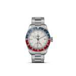 Tudor GMT watch with stainless steel case, white dial, and vibrant red-blue bezel.