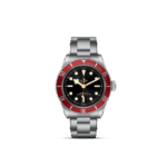 Tudor dive watch with stainless steel case, black dial, and red bezel for underwater adventures.