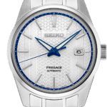 Elegant Seiko Presage wristwatch featuring a textured silver dial and automatic movement.