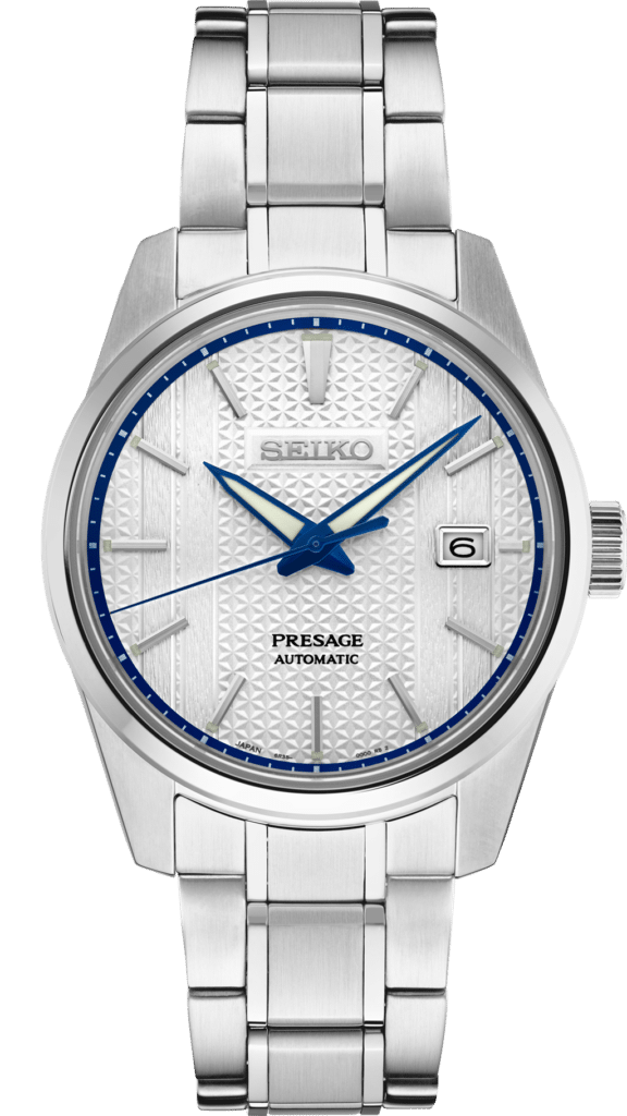 Elegant Seiko Presage wristwatch featuring a textured silver dial and automatic movement.