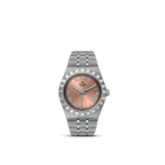 Elegant Tudor watch with rose-gold dial, Roman numerals, and stainless-steel bracelet for luxury style.
