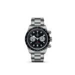 Elegant Tudor chronograph watch featuring a stainless steel case, black dial, and sporty design.