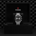 Tudor chronograph watch in luxury box, showcasing elegant design and premium craftsmanship.