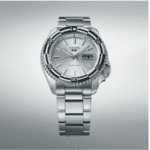 Stylish Seiko watch with stainless steel case, rotating bezel, and vibrant orange seconds hand.