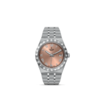 Elegant stainless steel watch with rose gold dial and Roman numerals for luxury style.