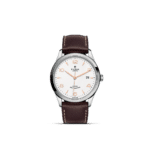 Tudor watch with elegant white dial, rose gold accents, and brown leather strap.