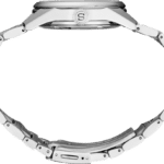 Elegant stainless steel watch with interlocking links, polished finish, and durable design.