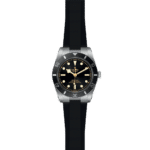 Tudor diving watch features a stainless steel case, black dial, and luminous markers for underwater visibility.