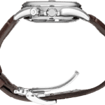 Elegant stainless steel wristwatch with brown leather strap and deployment clasp, perfect for any occasion.