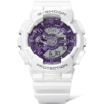 Stylish G-Shock watch with purple accents, durable design, and dual analog-digital display for adventurers.