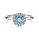 Elegant blue cushion-cut ring with diamond halo in white metal by Gabriel & Co.