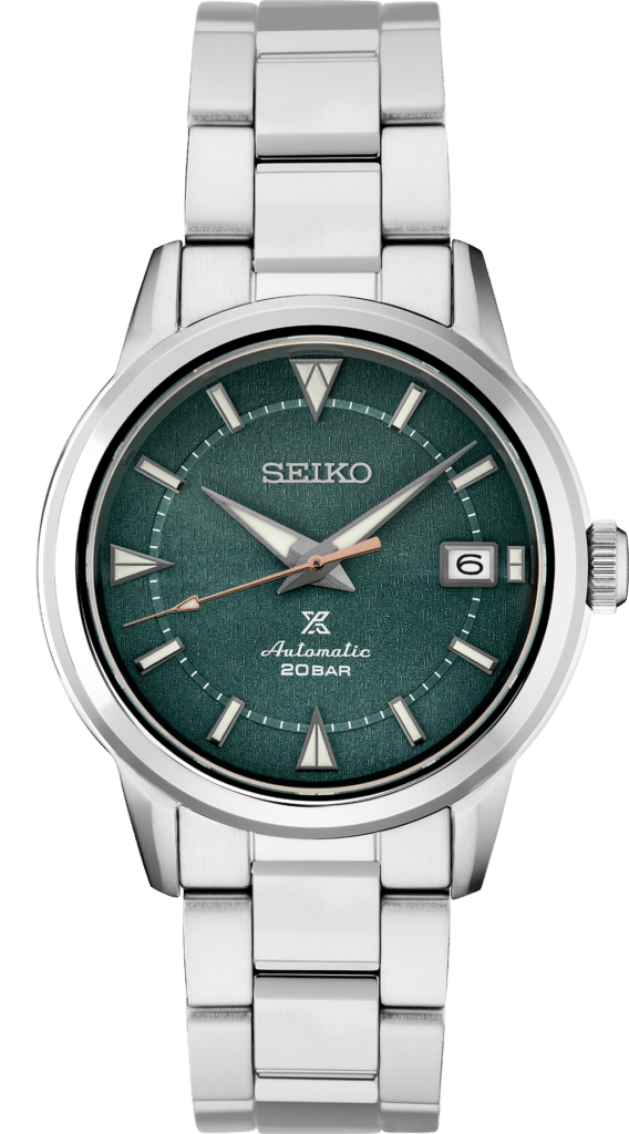 Elegant Seiko automatic watch with a deep green dial and copper accents, showcasing durability and style.