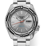 Sophisticated Seiko automatic watch with silver dial, luminous markers, and stainless steel bracelet.
