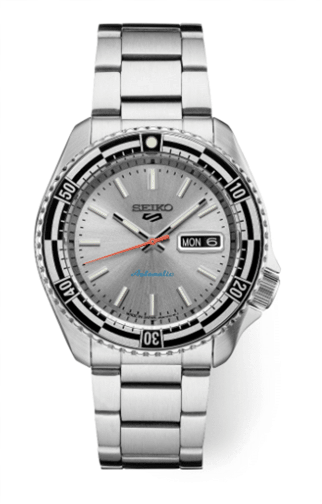 Sophisticated Seiko automatic watch with silver dial, luminous markers, and stainless steel bracelet.