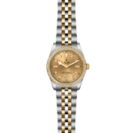 Elegant Tudor wristwatch with gold dial, diamond bezel, and two-tone stainless steel strap.