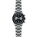 Tudor chronograph watch features a stainless steel case, black dial, and luminescent hands.