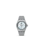 Elegant Tudor watch with mother-of-pearl dial, stainless steel case, and stylish bracelet.