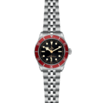 Stylish Tudor watch with red bezel, black dial, and stainless steel bracelet for divers.
