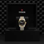 Tudor luxury watch in stainless steel and gold, elegantly presented in a dark box.