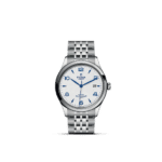 Tudor stainless steel watch with white dial and blue accents for sophisticated elegance.
