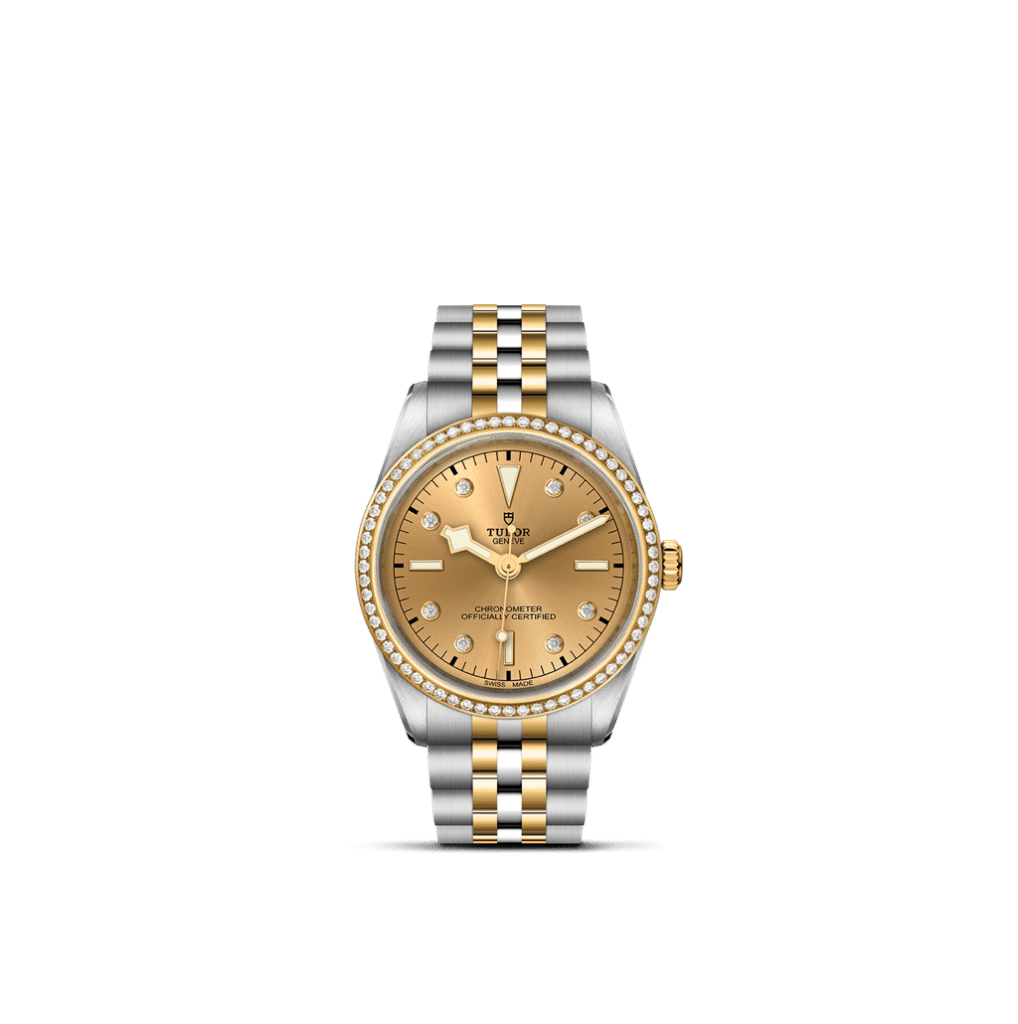 Elegant Tudor watch with gold dial, diamond bezel, and two-tone bracelet. Perfect for luxury style.