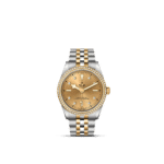 Elegant Tudor watch with gold dial, diamond bezel, and two-tone bracelet. Perfect for luxury style.