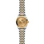 Elegant Tudor wristwatch with gold accents, diamond markers, and two-tone stainless steel bracelet.