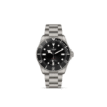 Tudor dive watch with stainless steel case, black dial, and luminescent markers for precision.