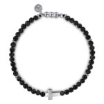 Elegant black bead necklace with silver accents and a stylish cross pendant.