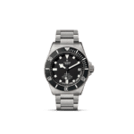 Tudor dive watch with stainless steel case, black dial, luminescent markers, and sturdy bracelet.