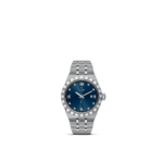 Luxurious Tudor watch with stainless steel case, blue dial, diamond markers, and elegant design.